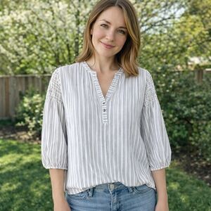 Karl Lagerfeld Black and White Pinstripe Puff Sleeve Blouse